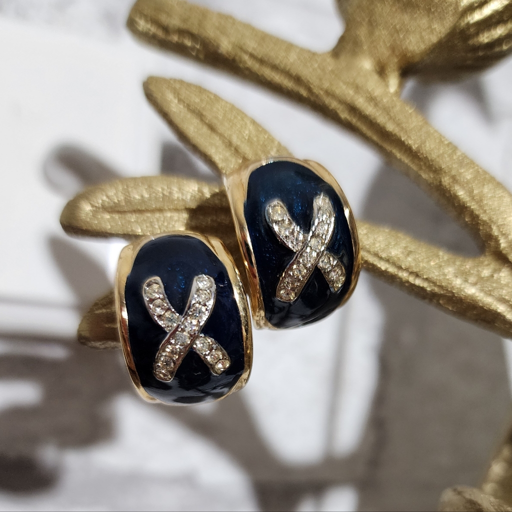 Vintage Ivana Trump Goldtone Crisscross Rhinestone Blue Enamel Earrings